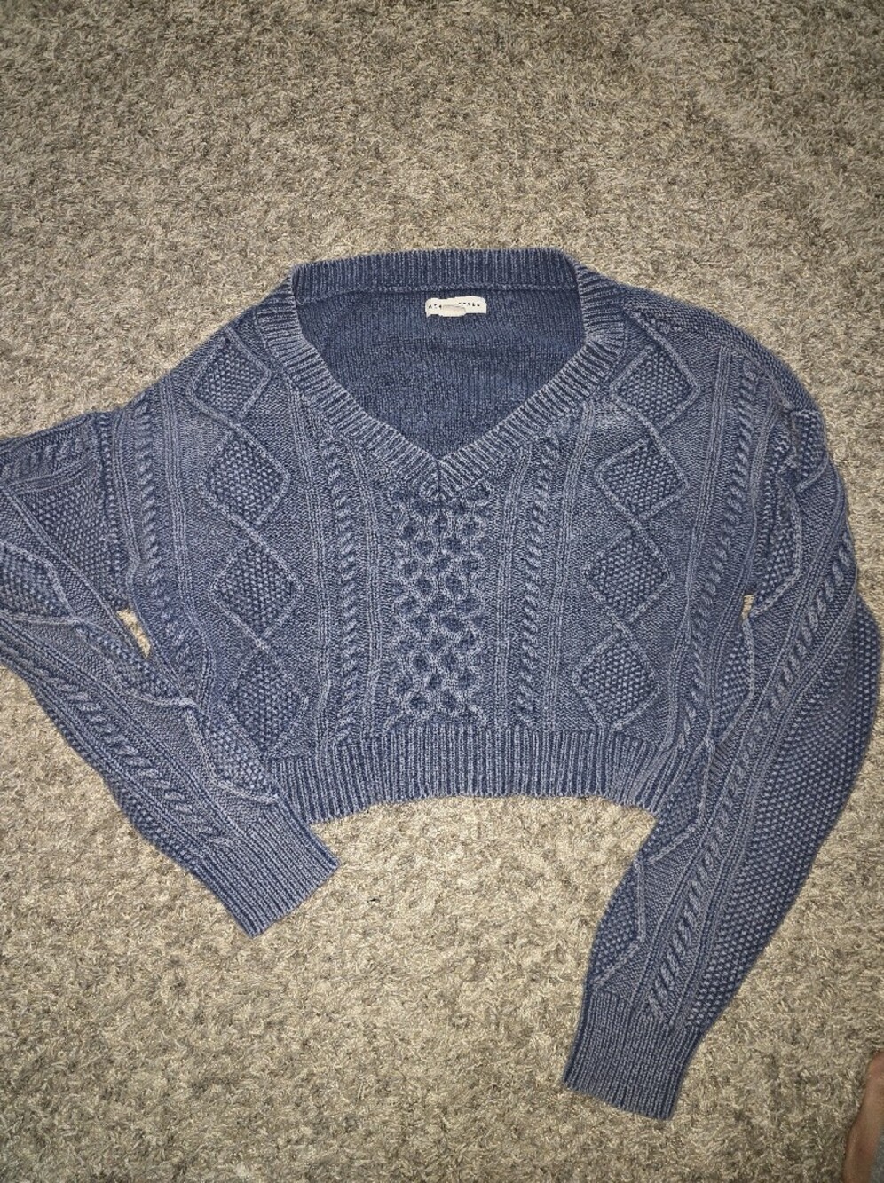 Aeropostale Blue Cropped V-Neck Cable Knit Sweater
